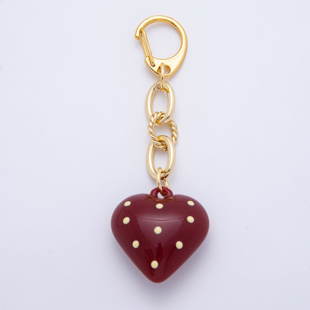 18K Gold Filled 99mm Red Polka Dotted Chubby Heart Twisted Cable Chain Drop Keychain Accessories | WB-00127