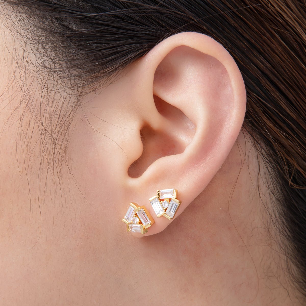 18K Gold Filled 9mm Baguette CZ Geometrical Flower Studs Earrings | AD1572