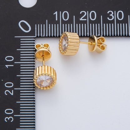 18K Gold Filled 9mm Clear CZ Ribbed Round Stud Earrings | AD1629