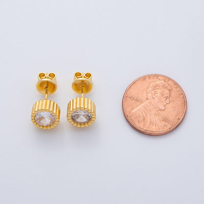 18K Gold Filled 9mm Clear CZ Ribbed Round Stud Earrings | AD1629