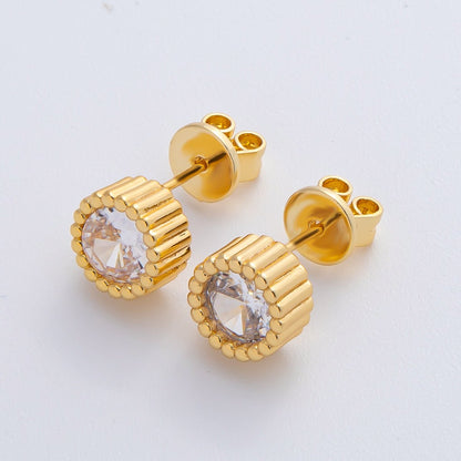 18K Gold Filled 9mm Clear CZ Ribbed Round Stud Earrings | AD1629