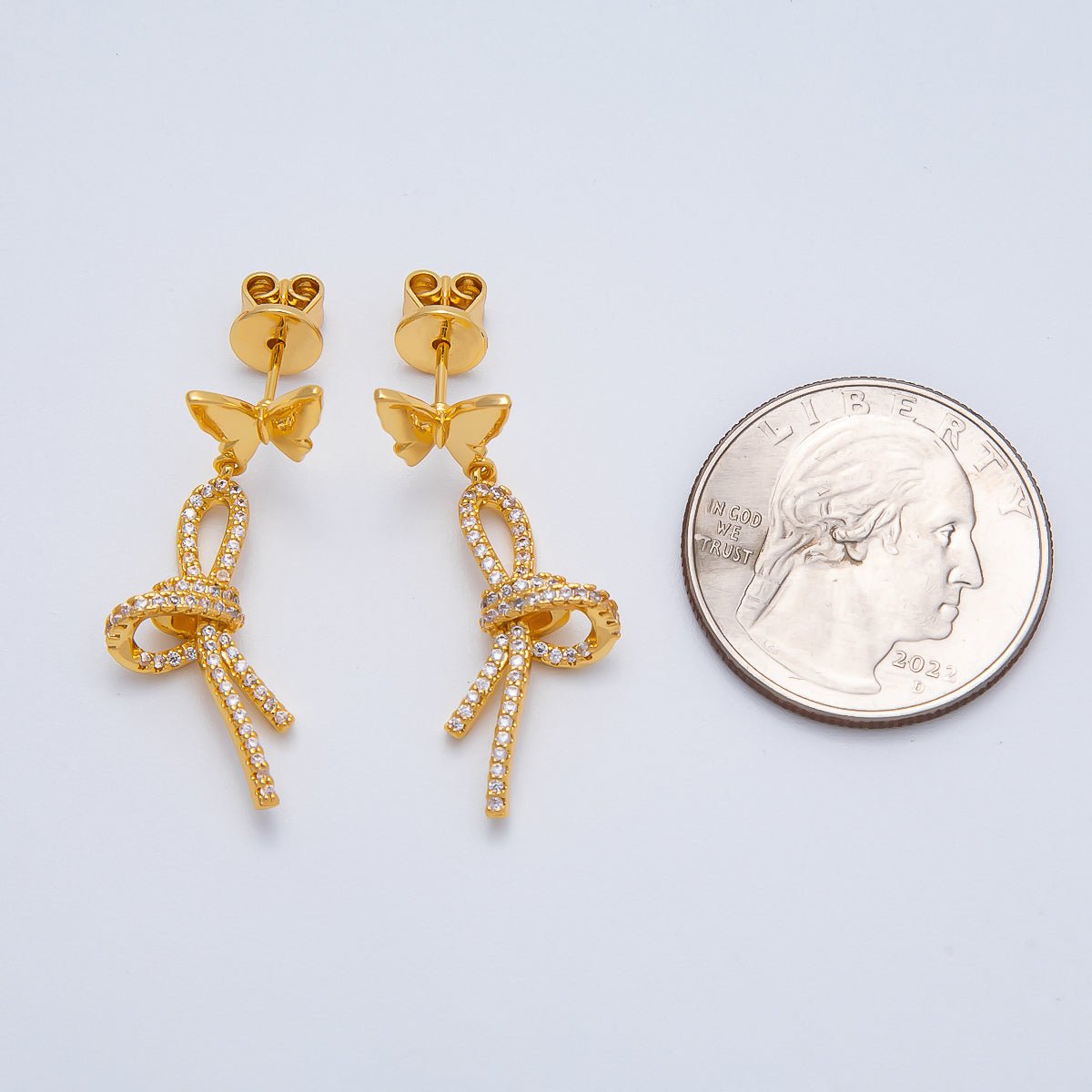 18K Gold Filled 9mm Micro Paved CZ Bow Butterfly Drop Stud | Earrings-00223