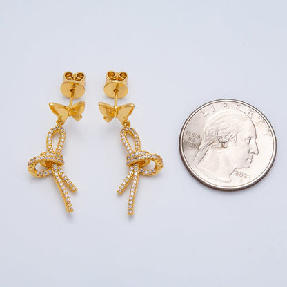 18K Gold Filled 9mm Micro Paved CZ Bow Butterfly Drop Stud | Earrings-00223