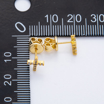 18K Gold Filled 9mm Micro Paved CZ Cluster Christian Cross Dainty Stud Earrings | AD1569