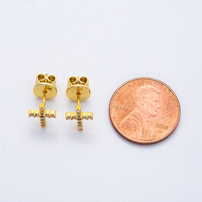 18K Gold Filled 9mm Micro Paved CZ Cluster Christian Cross Dainty Stud Earrings | AD1569
