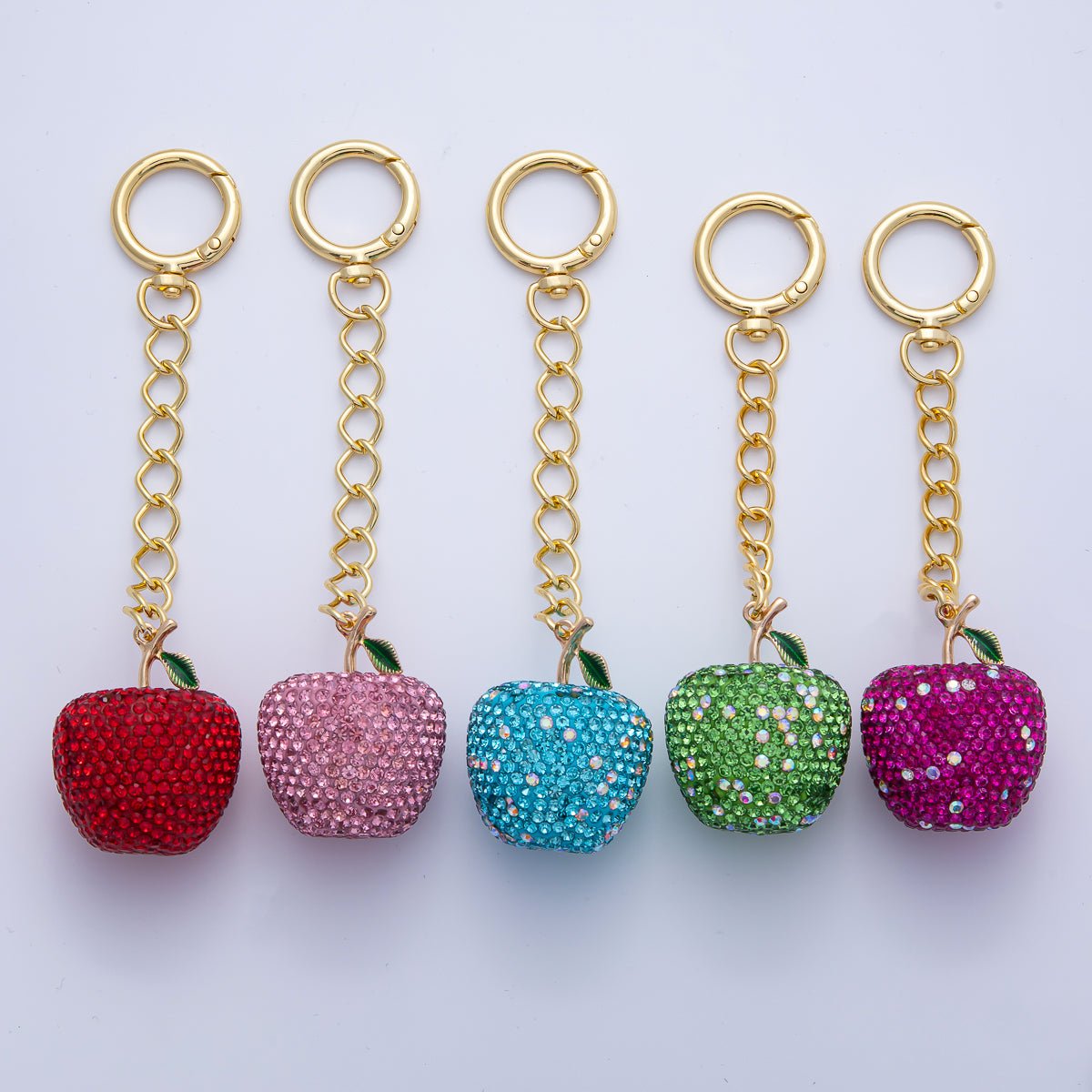 18K Gold Filled Apple Bedazzled Bag Charm Keychain Push Gate Accessories | WB-00268 ~ WB-00272