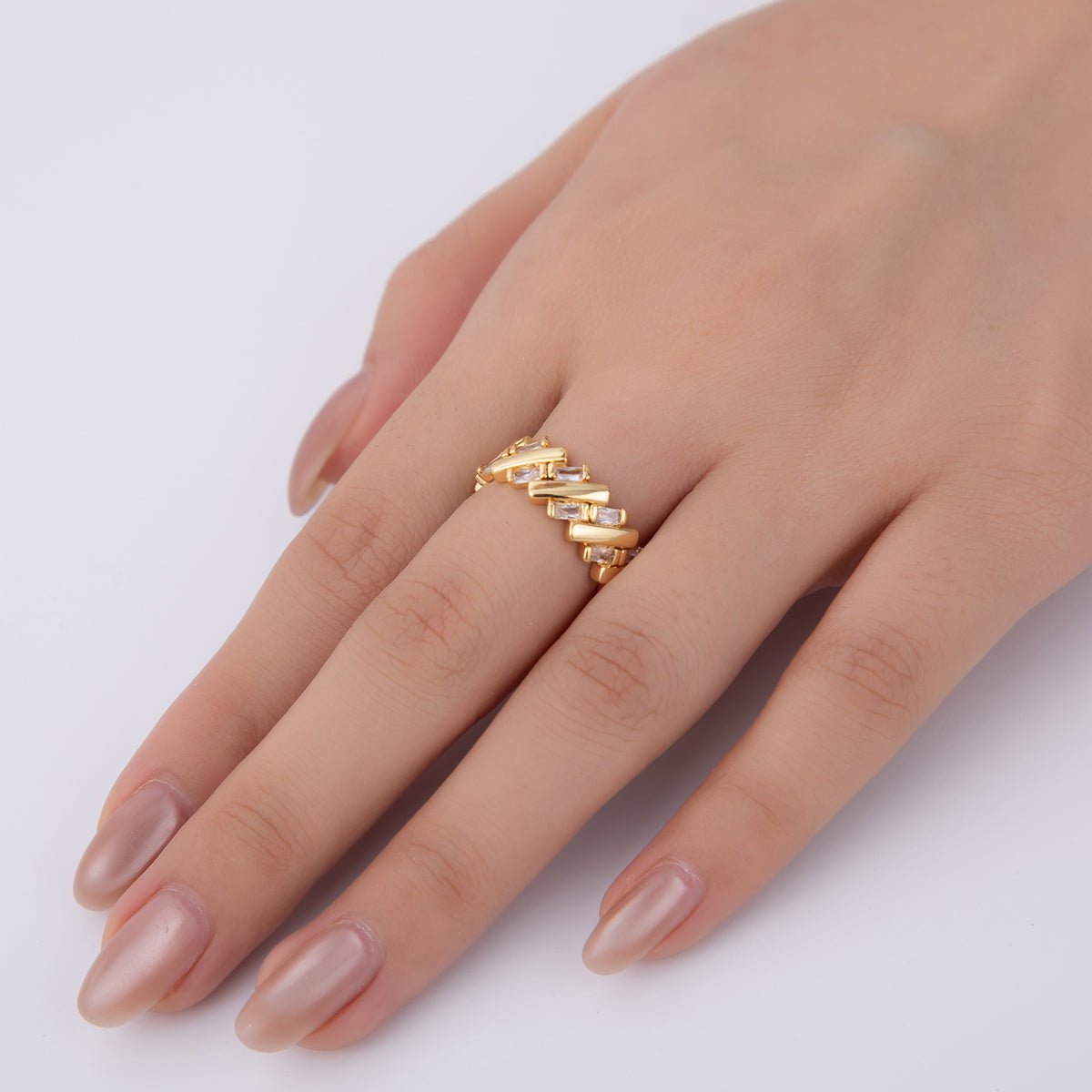 18K Gold Filled Baguette CZ Quilted Woven Ring | O1938