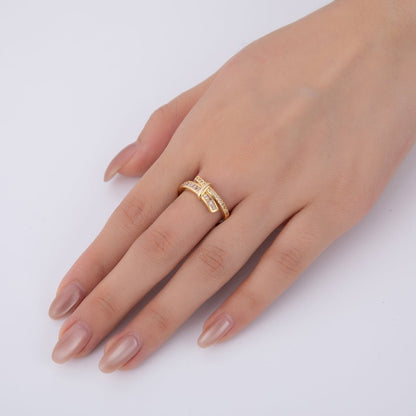 18K Gold Filled Baguette Micro Paved CZ Knot Double Bar Ring | O1726