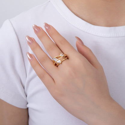 18K Gold Filled Baguette Round CZ Triple Band Ring | O1994
