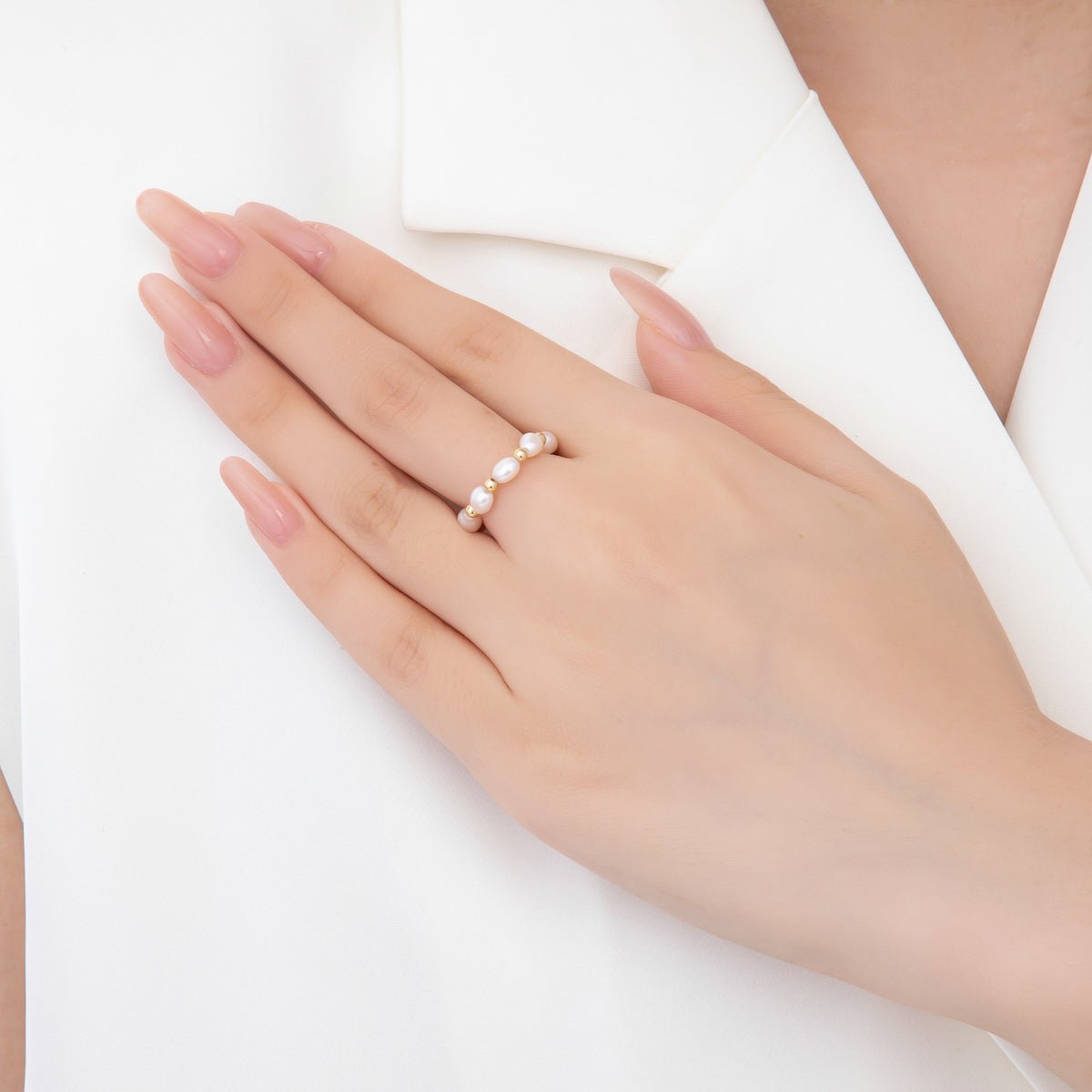 18K Gold Filled Beaded Freshwater Pearl Handmade Stretch Ring | O062