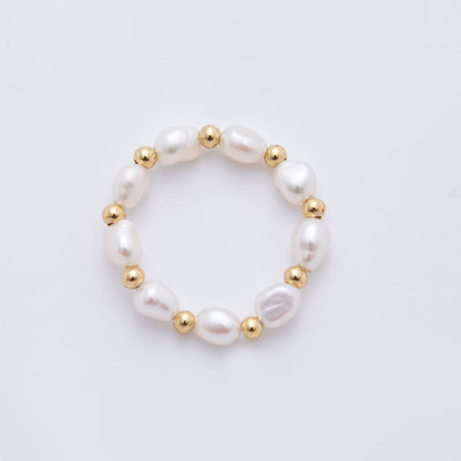 18K Gold Filled Beaded Freshwater Pearl Handmade Stretch Ring | O062