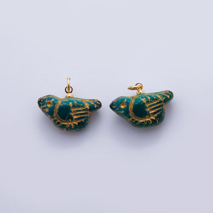 18K Gold Filled Bird Figurine Green Gemstone Charm | N293