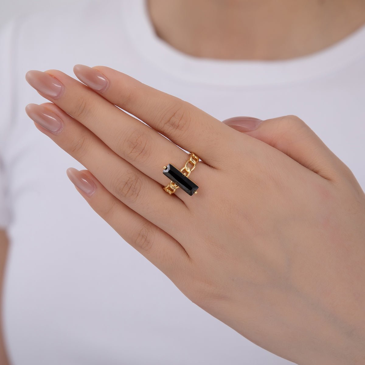 18K Gold Filled Black Baguette CZ Curb Band Solitaire Ring | O1838