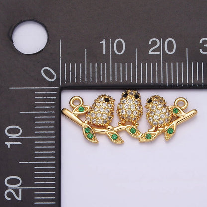 18K Gold Filled Black-Eyed Three Baby Birds Micro Paved CZ Green Leaf Connector | G-030