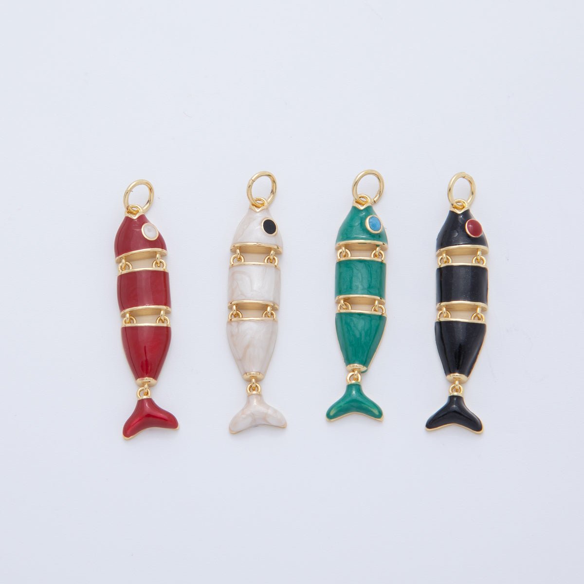 18K Gold Filled White, Black, Green, Red Enamel Interlink Fish Charm | AF403 AF778