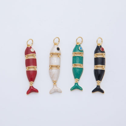 18K Gold Filled White, Black, Green, Red Enamel Interlink Fish Charm | AF403 AF778