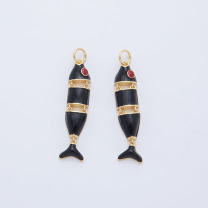 18K Gold Filled White, Black, Green, Red Enamel Interlink Fish Charm | AF403 AF778