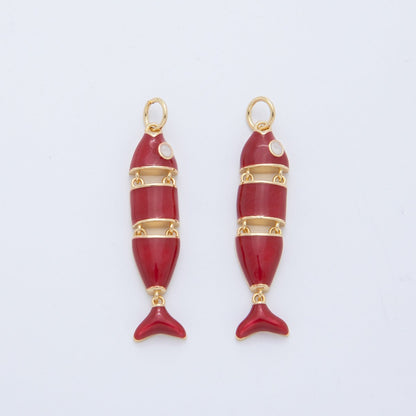 18K Gold Filled White, Black, Green, Red Enamel Interlink Fish Charm | AF403 AF778
