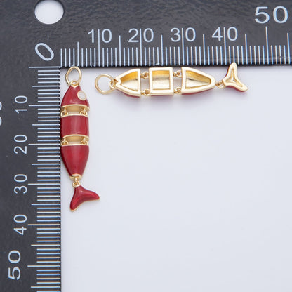 18K Gold Filled White, Black, Green, Red Enamel Interlink Fish Charm | AF403 AF778