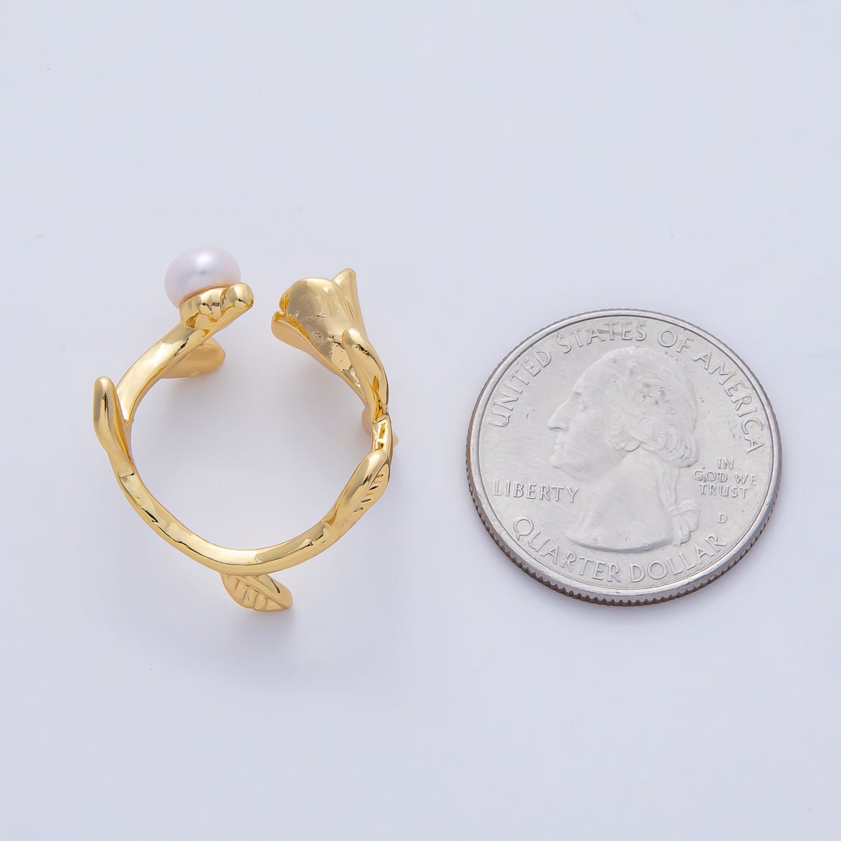 18K Gold Filled White, Pink Shell Pearl Rose Flower Leaf Wrap Ring | O799