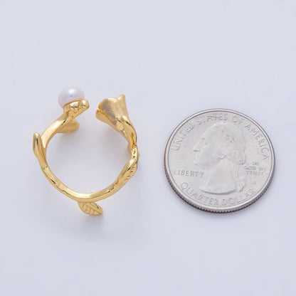 18K Gold Filled White, Pink Shell Pearl Rose Flower Leaf Wrap Ring | O799