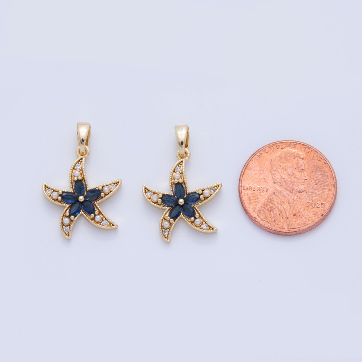 18K Gold Filled Blue CZ Shell Pearl Starfish Pendant | AH748