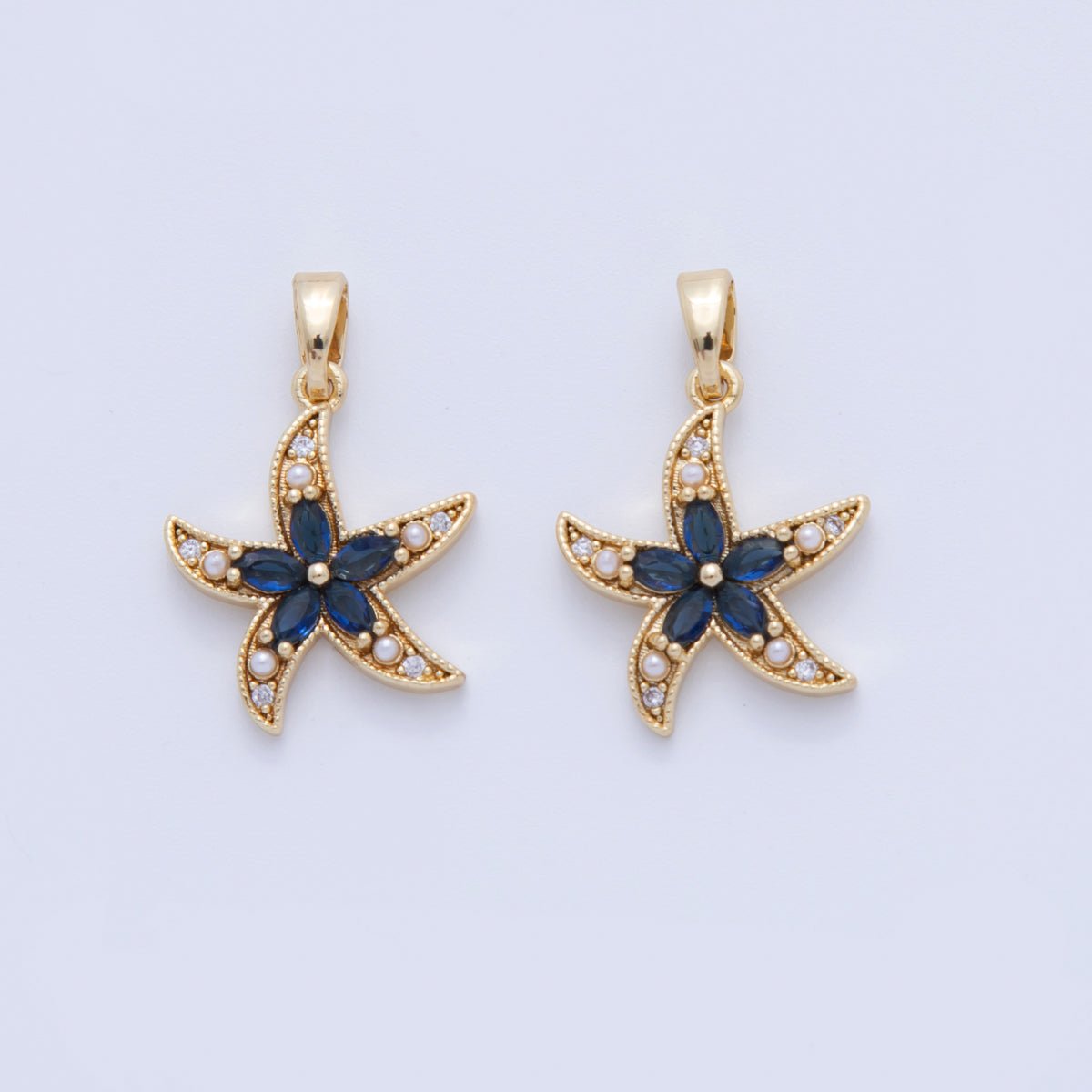 18K Gold Filled Blue CZ Shell Pearl Starfish Pendant | AH748