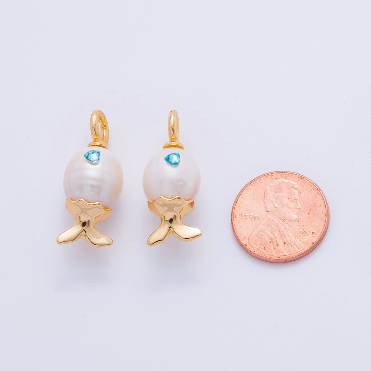 18K Gold Filled Blue CZ White Shell Pearl Fish Drop Pendant | AJ307