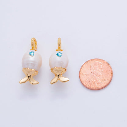 18K Gold Filled Blue CZ White Shell Pearl Fish Drop Pendant | AJ307