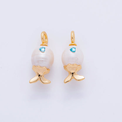 18K Gold Filled Blue CZ White Shell Pearl Fish Drop Pendant | AJ307