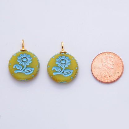 18K Gold Filled Blue Daisy Flower Green Round Drop Pendant | AF721