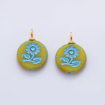 18K Gold Filled Blue Daisy Flower Green Round Drop Pendant | AF721