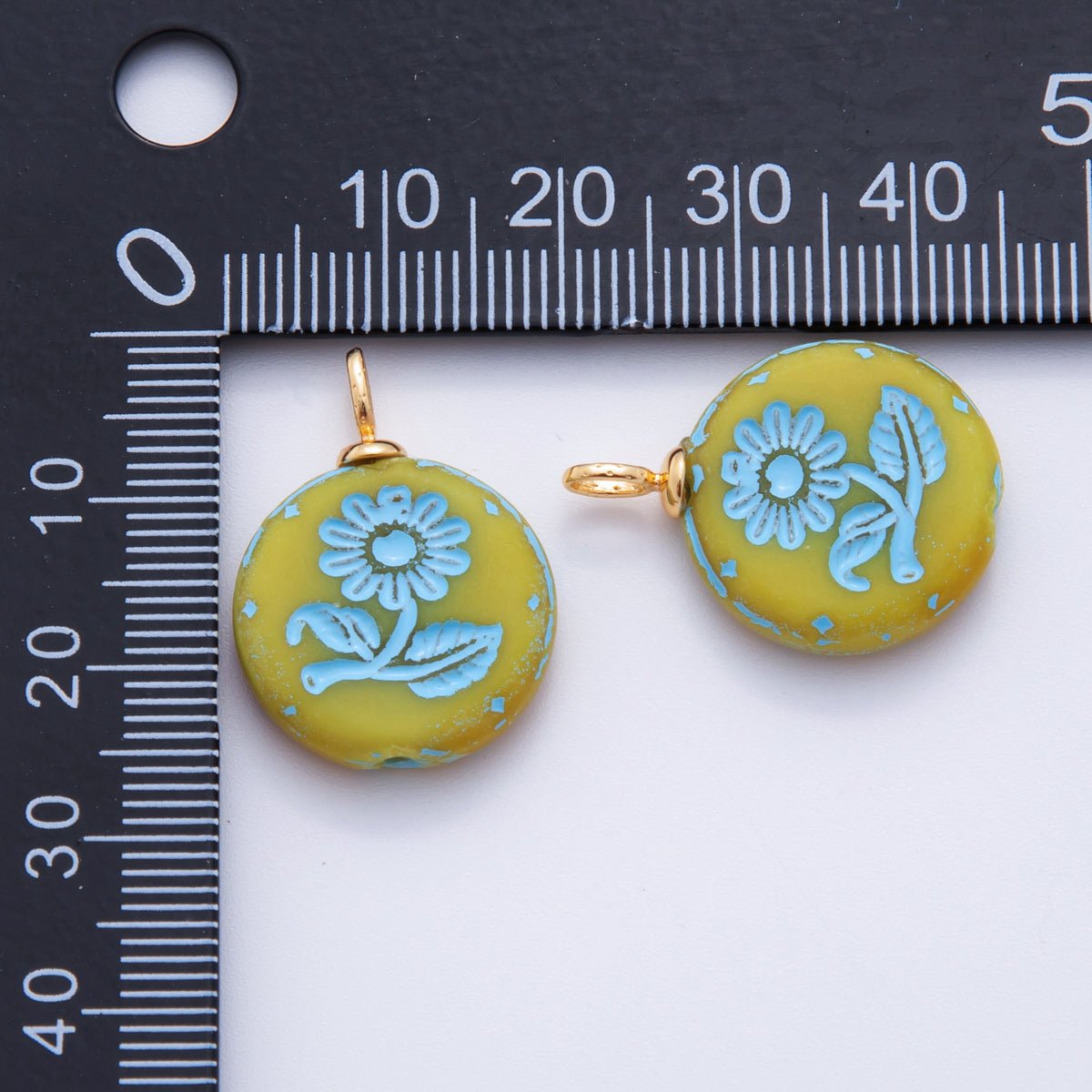 18K Gold Filled Blue Daisy Flower Green Round Drop Pendant | AF721