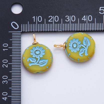 18K Gold Filled Blue Daisy Flower Green Round Drop Pendant | AF721