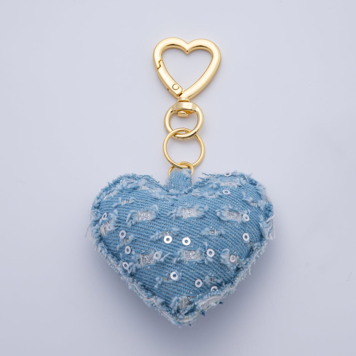 18K Gold Filled Blue Denim Puffy Heart Push Gate King Ring Keychain Accessories | AB-00145 ~ WB-00147