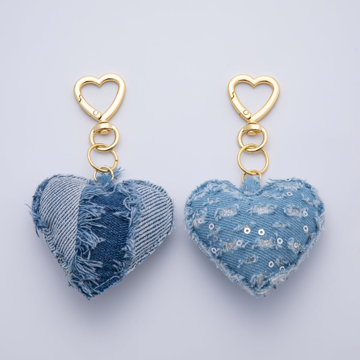 18K Gold Filled Blue Denim Puffy Heart Push Gate King Ring Keychain Accessories | AB-00145 ~ WB-00147