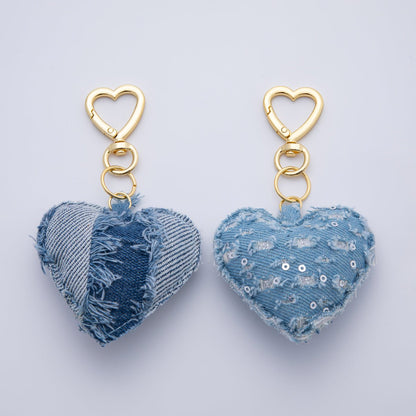 18K Gold Filled Blue Denim Puffy Heart Push Gate King Ring Keychain Accessories | AB-00145 ~ WB-00147