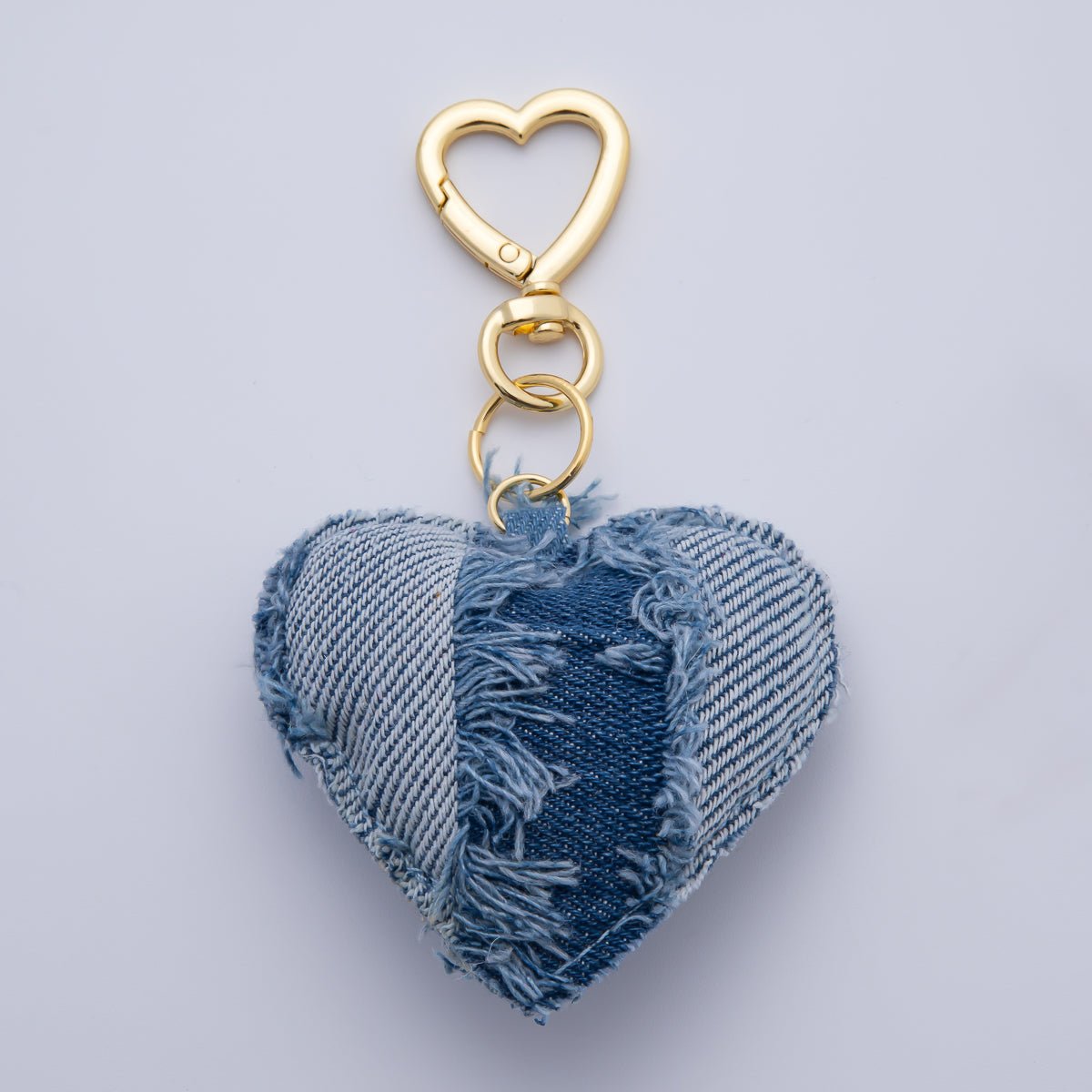 18K Gold Filled Blue Denim Puffy Heart Push Gate King Ring Keychain Accessories | AB-00145 ~ WB-00147