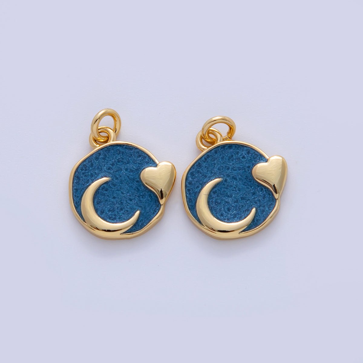 18K Gold Filled Blue Enamel Heart Crescent Moon Round Charm | AF327