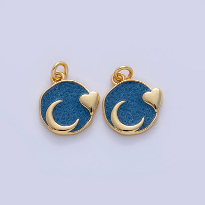 18K Gold Filled Blue Enamel Heart Crescent Moon Round Charm | AF327