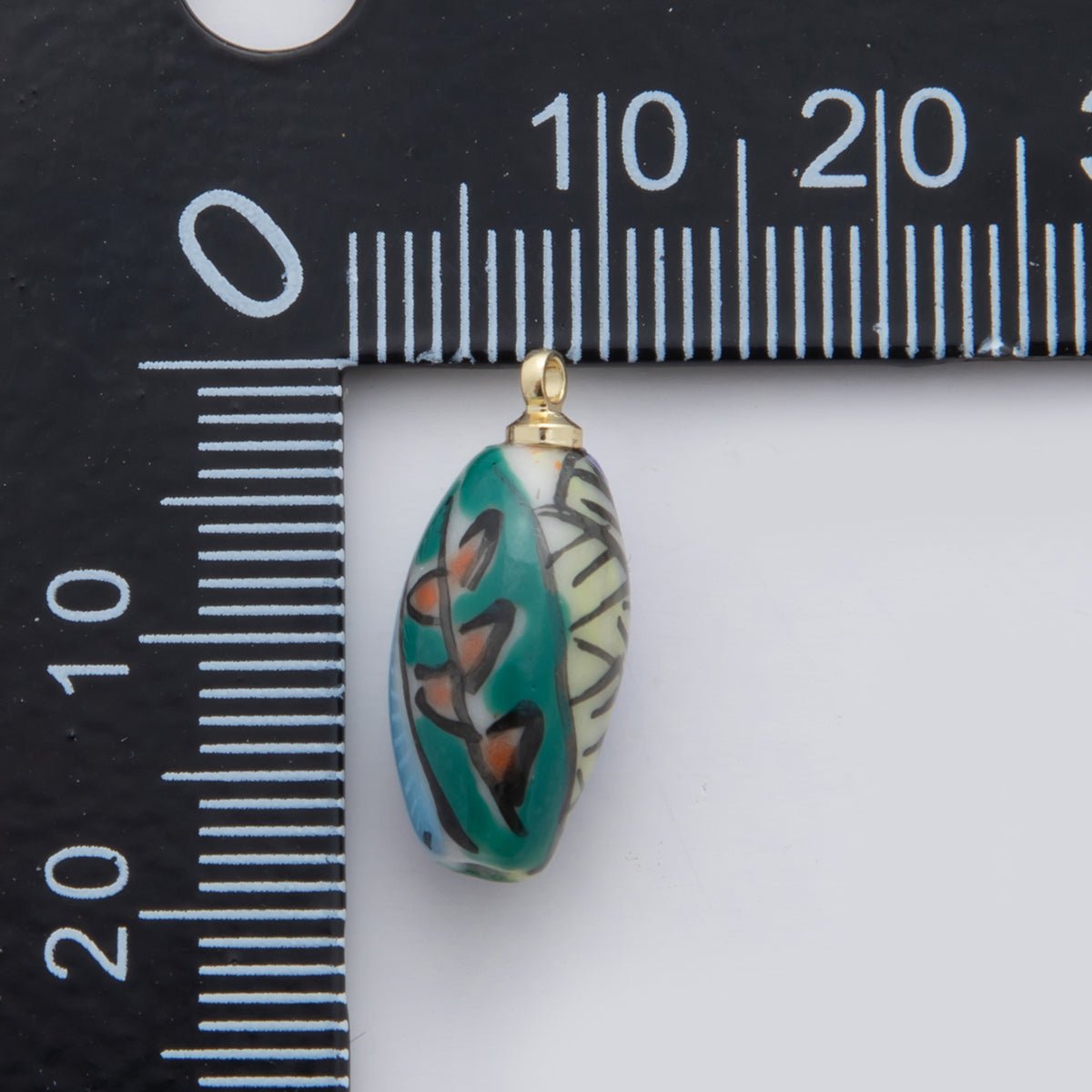 18K Gold Filled Blue-Green Abstract Doodle Oblong Ceramic Drop Pendant | X533