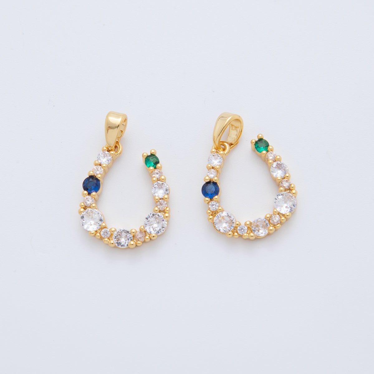 18K Gold Filled Blue-Green Clear CZ Cluster Horseshoe Pendant | AH774