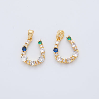 18K Gold Filled Blue-Green Clear CZ Cluster Horseshoe Pendant | AH774