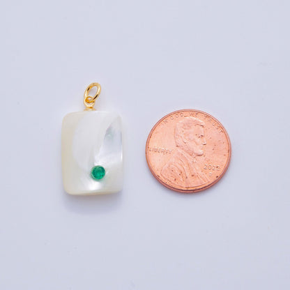 18K Gold Filled Green, Pink, Blue CZ Shell Pearl Rectangular Charm | AF346 AF347 X643