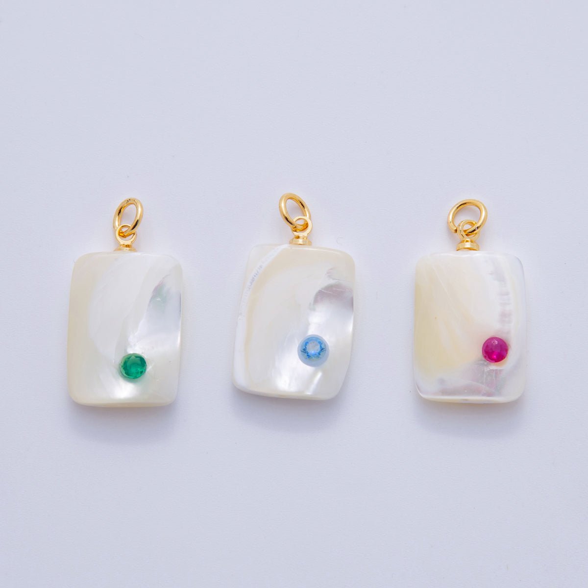 18K Gold Filled Green, Pink, Blue CZ Shell Pearl Rectangular Charm | AF346 AF347 X643