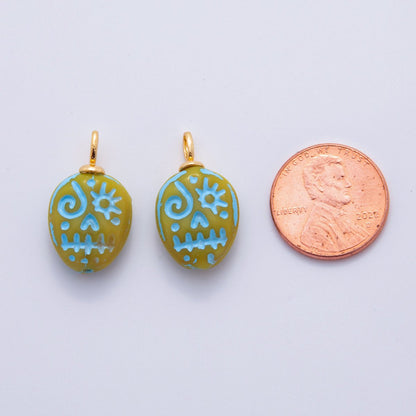 18K Gold Filled 23mm Blue, Green Halloween Blue-Lined Skull Skeleton Drop Charm | AF725 AF726