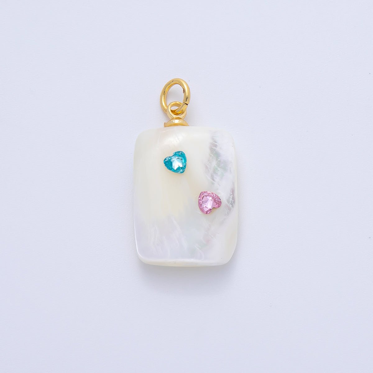 18K Gold Filled Blue Pink Heart CZ Shell Pearl Rectangular Charm | AF1384