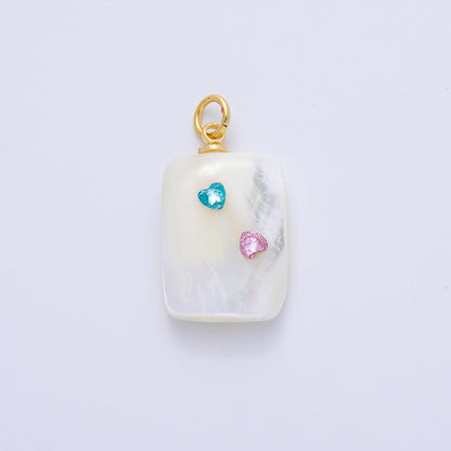 18K Gold Filled Blue Pink Heart CZ Shell Pearl Rectangular Charm | AF1384