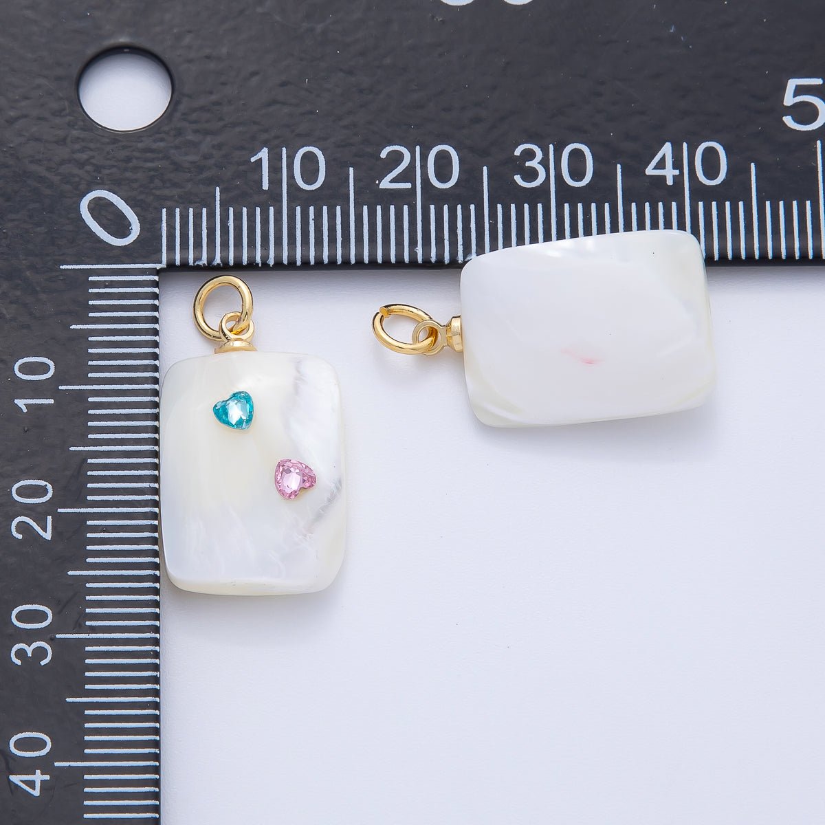18K Gold Filled Blue Pink Heart CZ Shell Pearl Rectangular Charm | AF1384