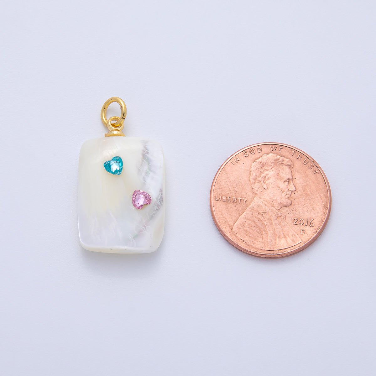 18K Gold Filled Blue Pink Heart CZ Shell Pearl Rectangular Charm | AF1384